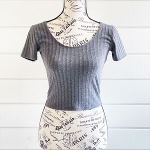Hollister Womens Grey Ribbed Knit Square Neck Slim Fit Crop Tee Size Small